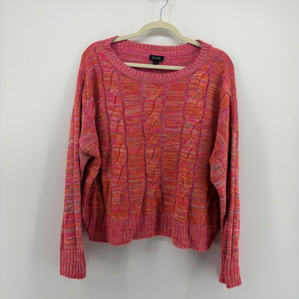 a.n.a Womens Large Pink Multi Cable Knit Space Dye Crew Neck Pullover Sweater